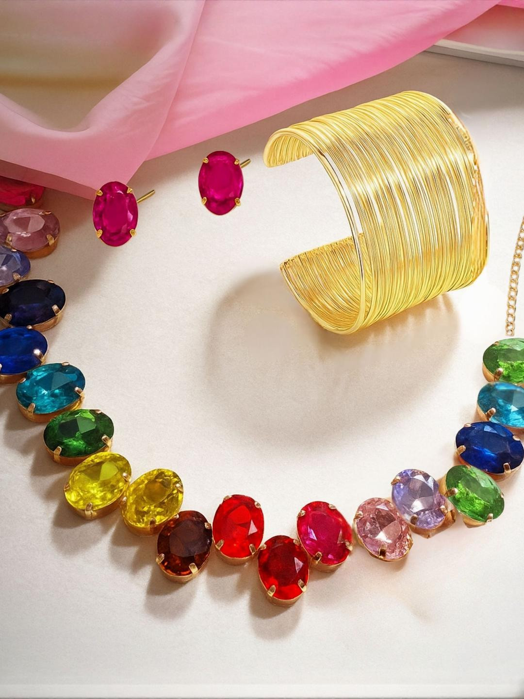 Anouk Multicolor Oval Stone Necklace with Gold-Toned Cuff Bracelet & Stud Earrings