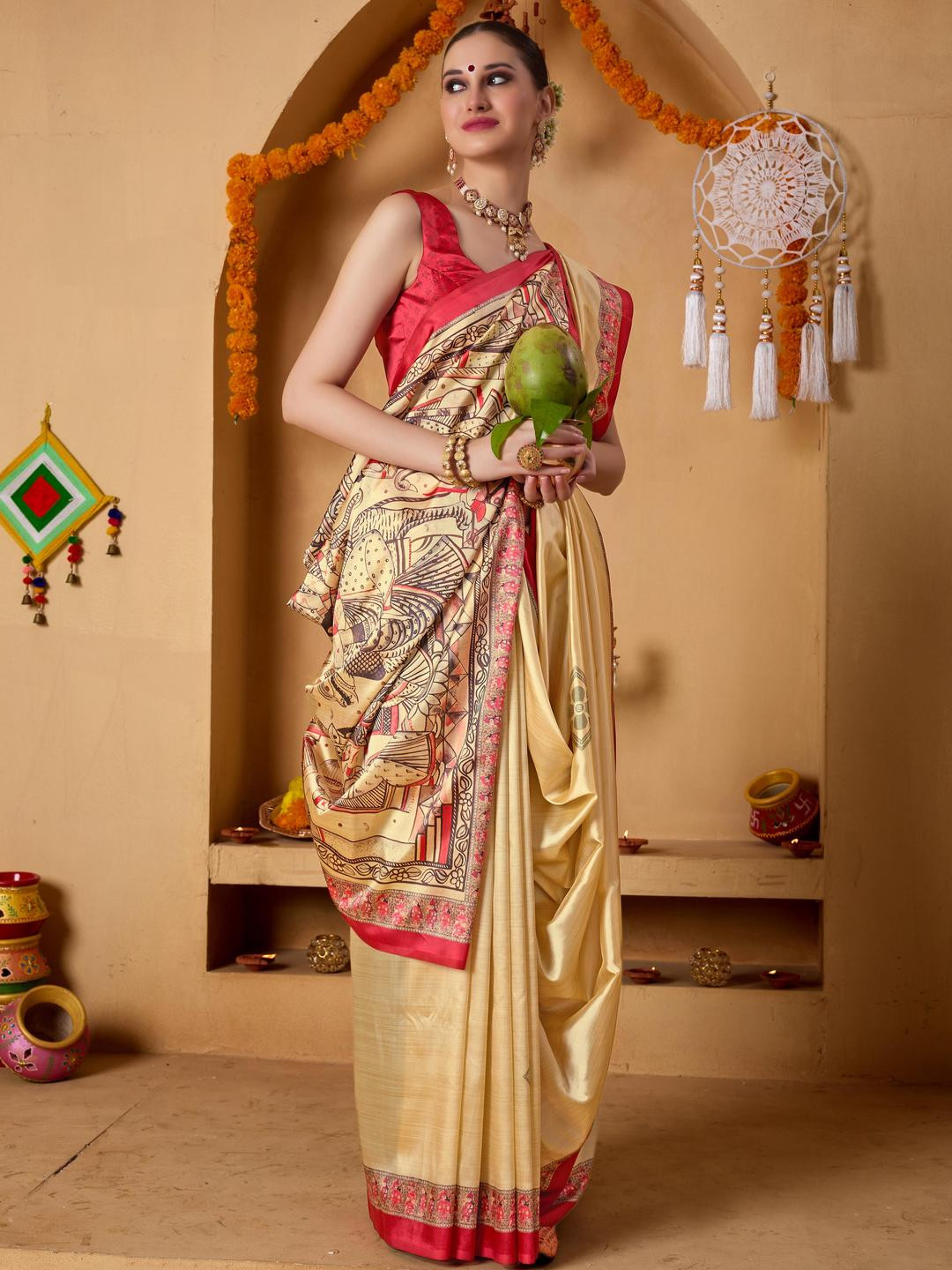 RACHNA Divine Printed Solid Durga Pooja Ready To Wear Saree