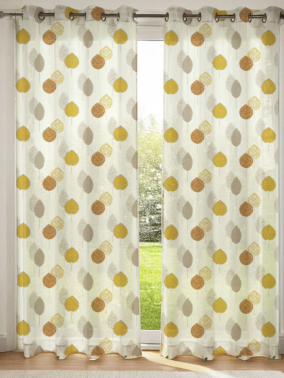 URBAN SPACE White & Mustard 2 Pieces Leaf Printed Sheer Window Curtains