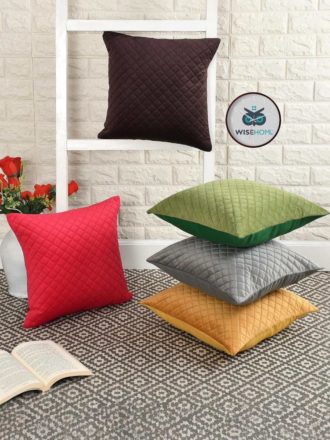 WISE HOME Multicoloured Set of 5 Velvet Textured Square Cushion Cover