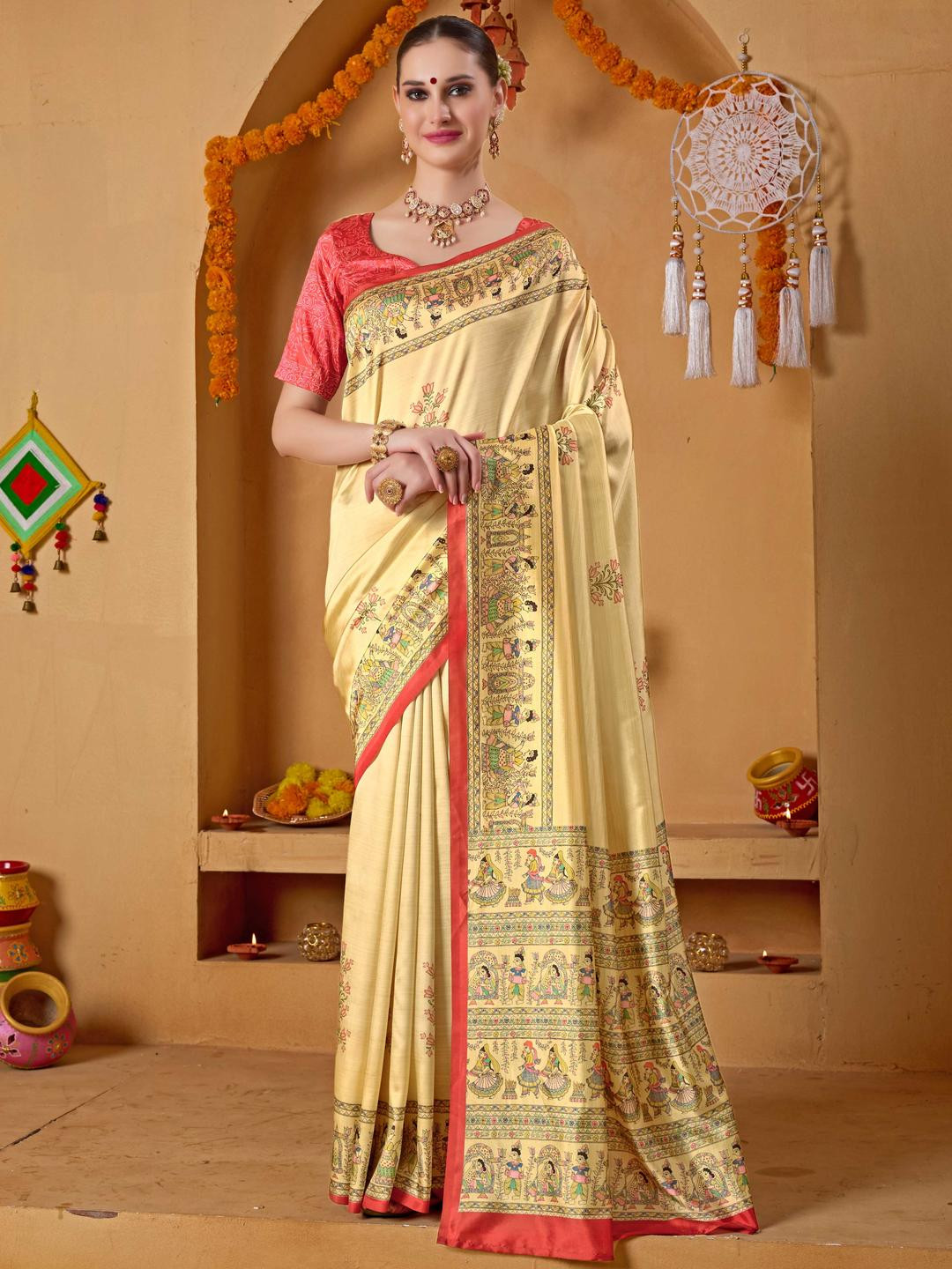 RACHNA Kalamkari Border Printed Durga Pooja Ready To Wear Saree