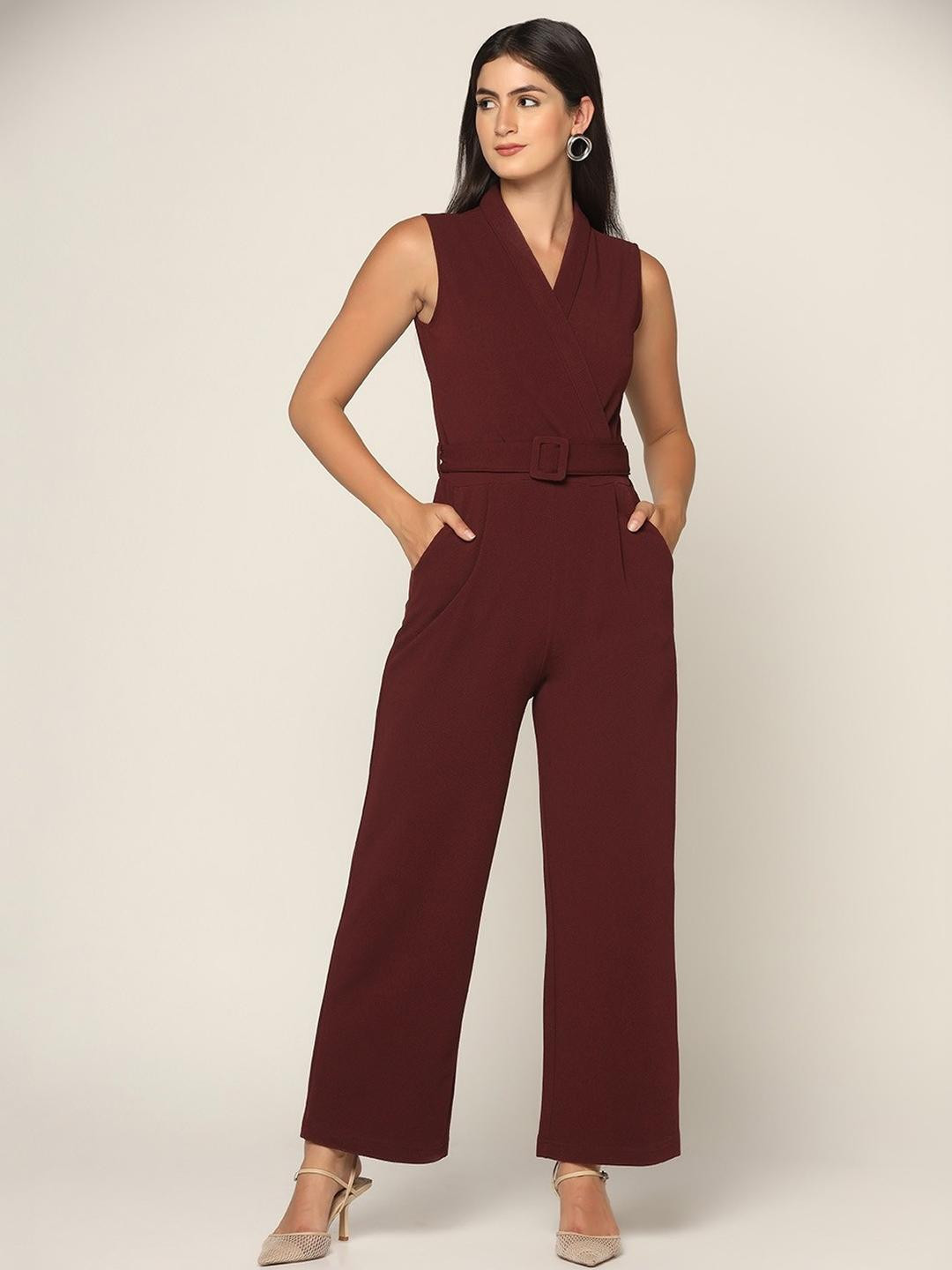 Sunday Casual Women Maroon V-Neck Sleeveless Cotton Waist Tie-Up Jumpsuit With Belt