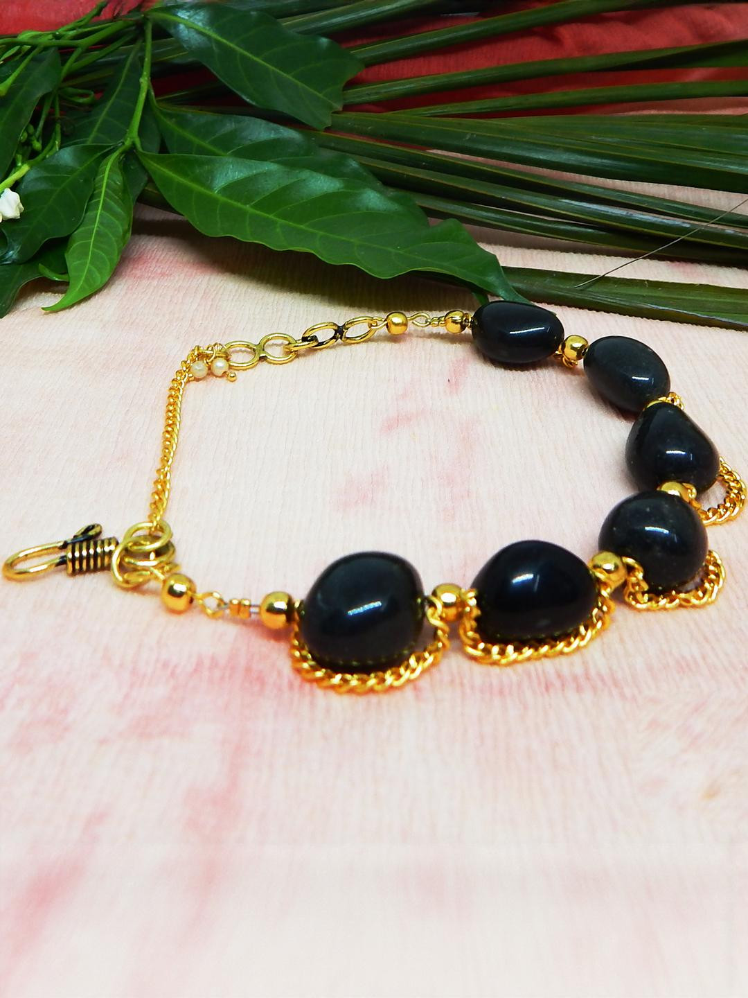 Jaya Vision Jewelry Unisex Gold-Plated Black Agate Bracelet