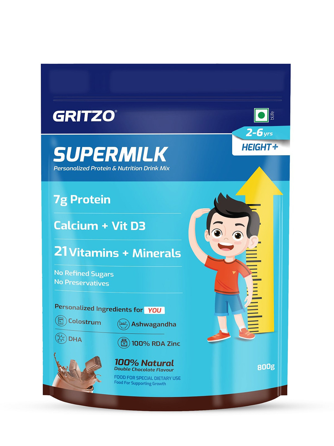 Gritzo SuperMilk Height+ 7g Protein- Double Chocolate- 800g