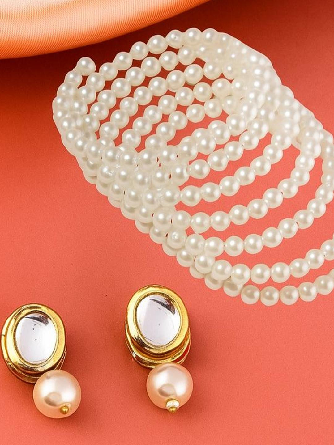 Anouk Combo of Kundan Stone Stud Earrings With White Pearl Bracelet