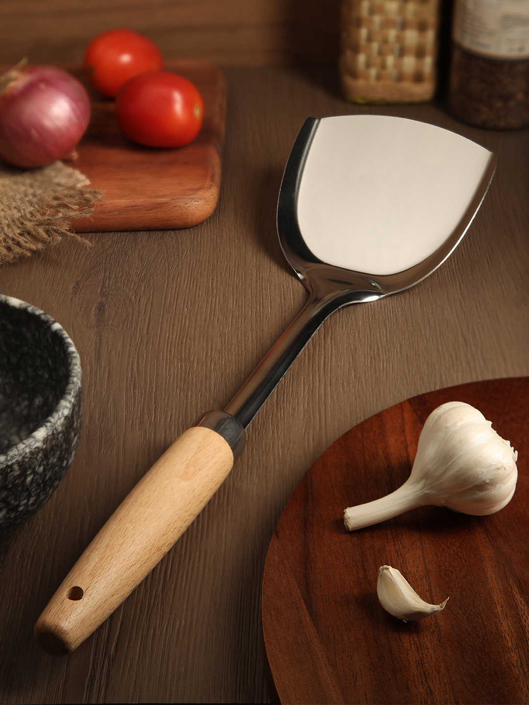 NATURALLY YOURS Brown & Silver Toned Stainless Steel & Wooden Spatula With Handle