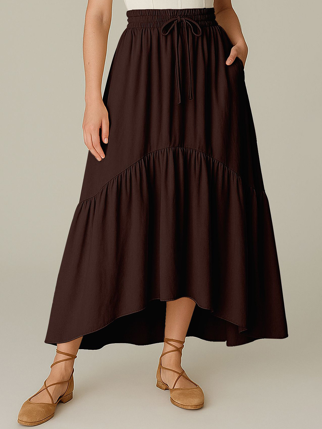 Moomaya Women Tiered High-Low Midi Skirts With Pockets