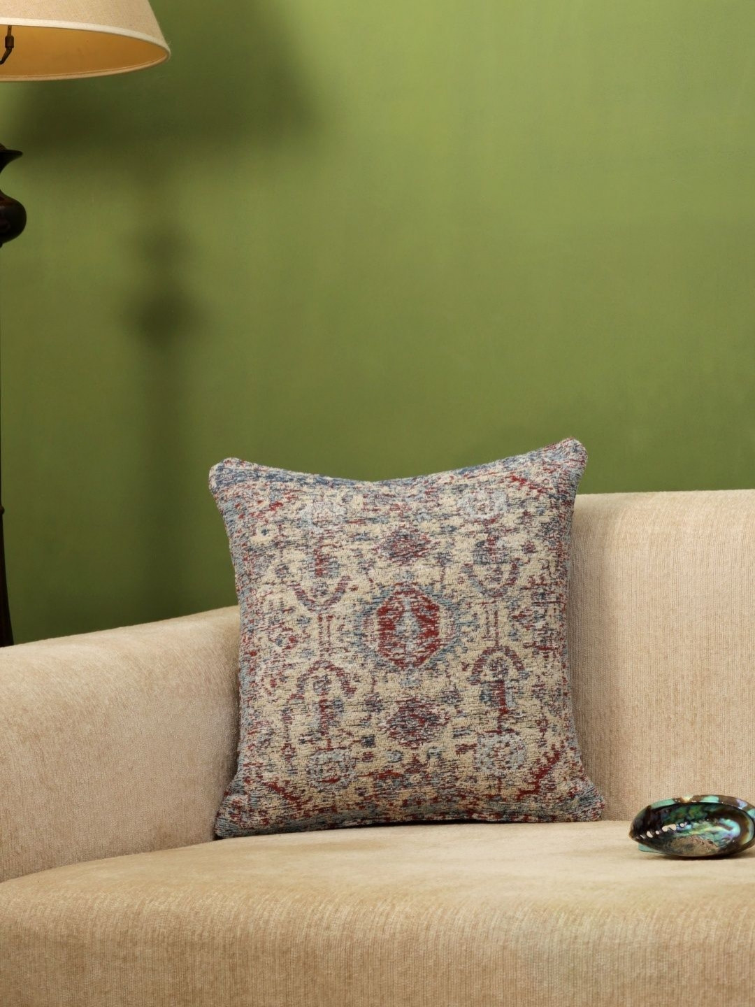 Revive Home Beige & Blue Jacquard Cotton Chenille Printed Square Cushion Cover