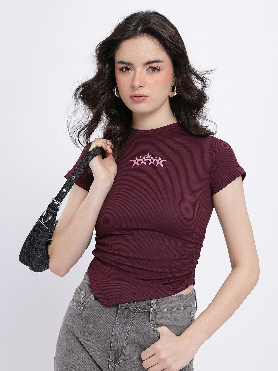 Burgundy Ribbed Ruched Fitted Asymmetric Hem Top