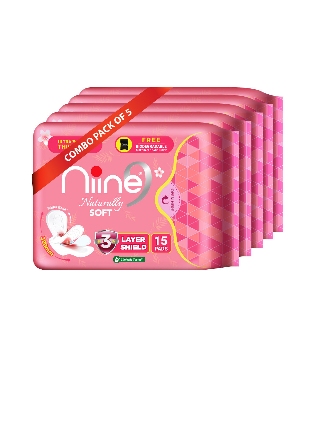 Niine Set of 5 XL Ultra Thin Soft Heavyflow With Disposable Bag Sanitary Pads 75