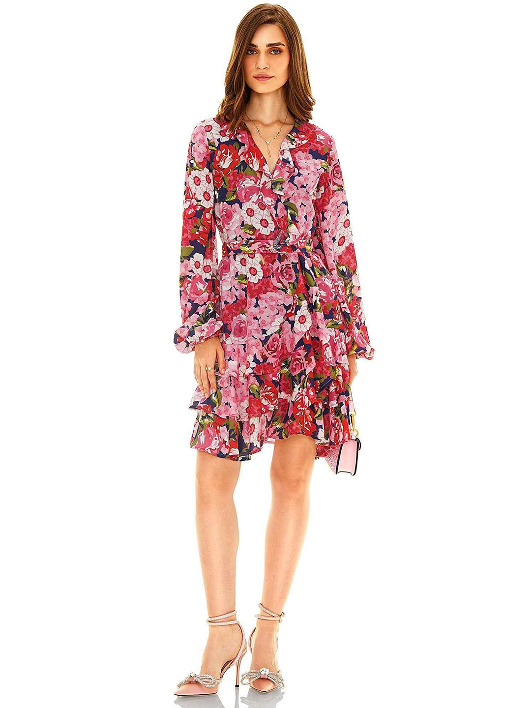 PRETTY PIXIE Women Floral Printed Puff Sleeves Wrap Dress