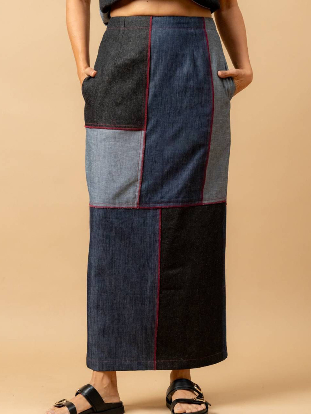 Doodlage Women Abby Denim Patch Straight Maxi Skirt
