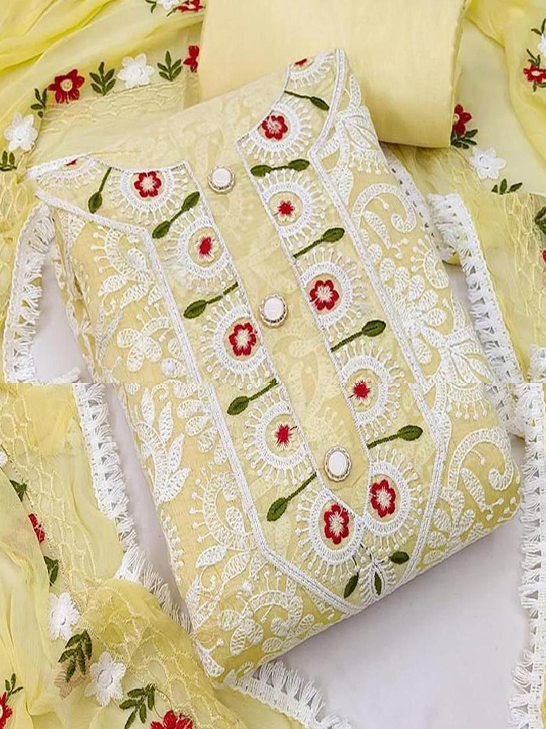 Peachmode Women Yellow Embroidered Floral Dress Material