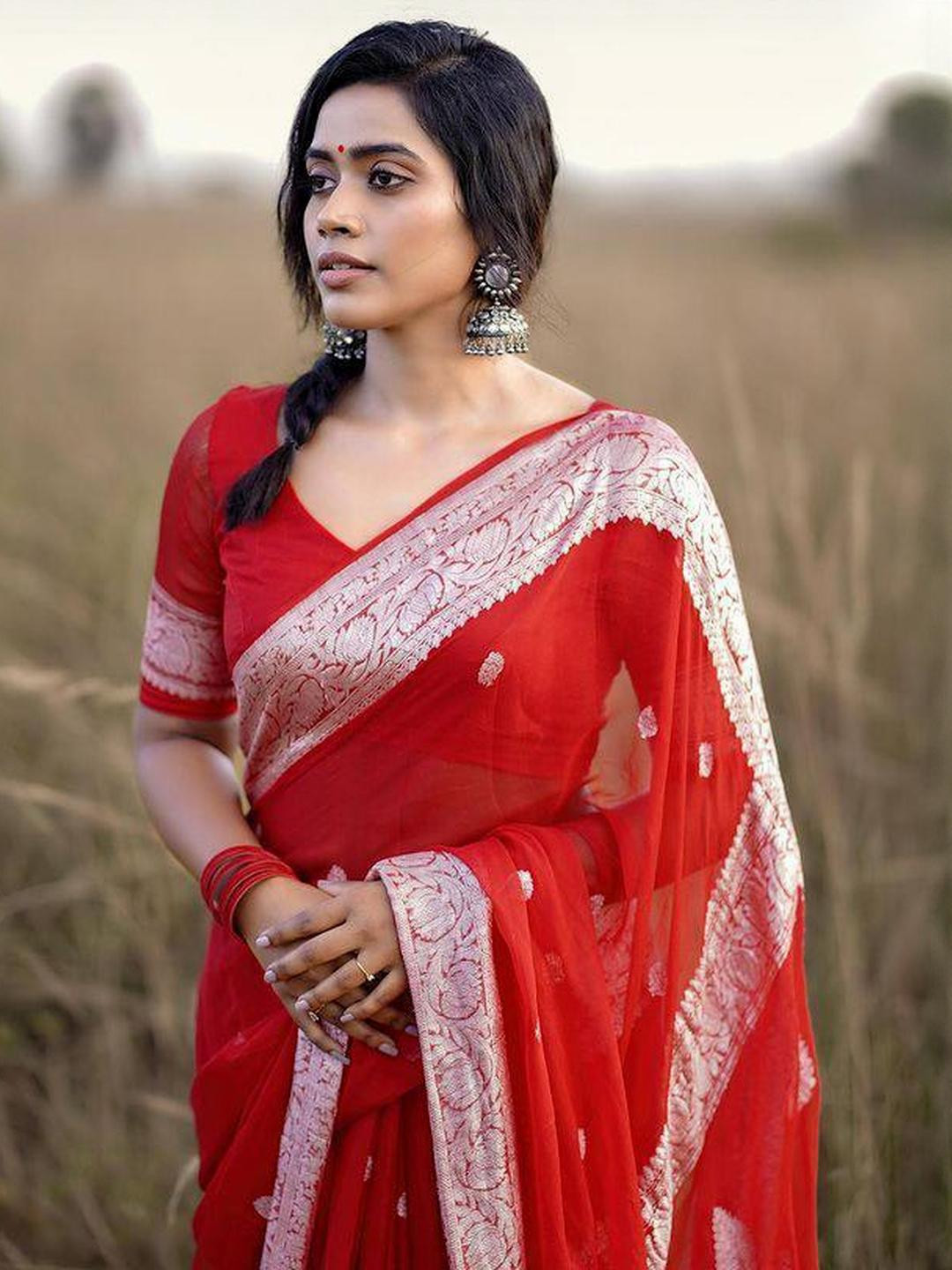 GHAN SALS Red Silk Blend Woven Design Sarees