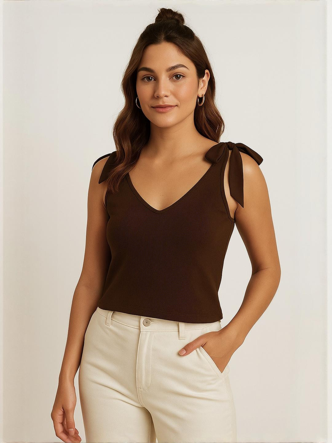DressBerry Women Brown Ribbed Shoulder bow Sleeveless V-Neck Top