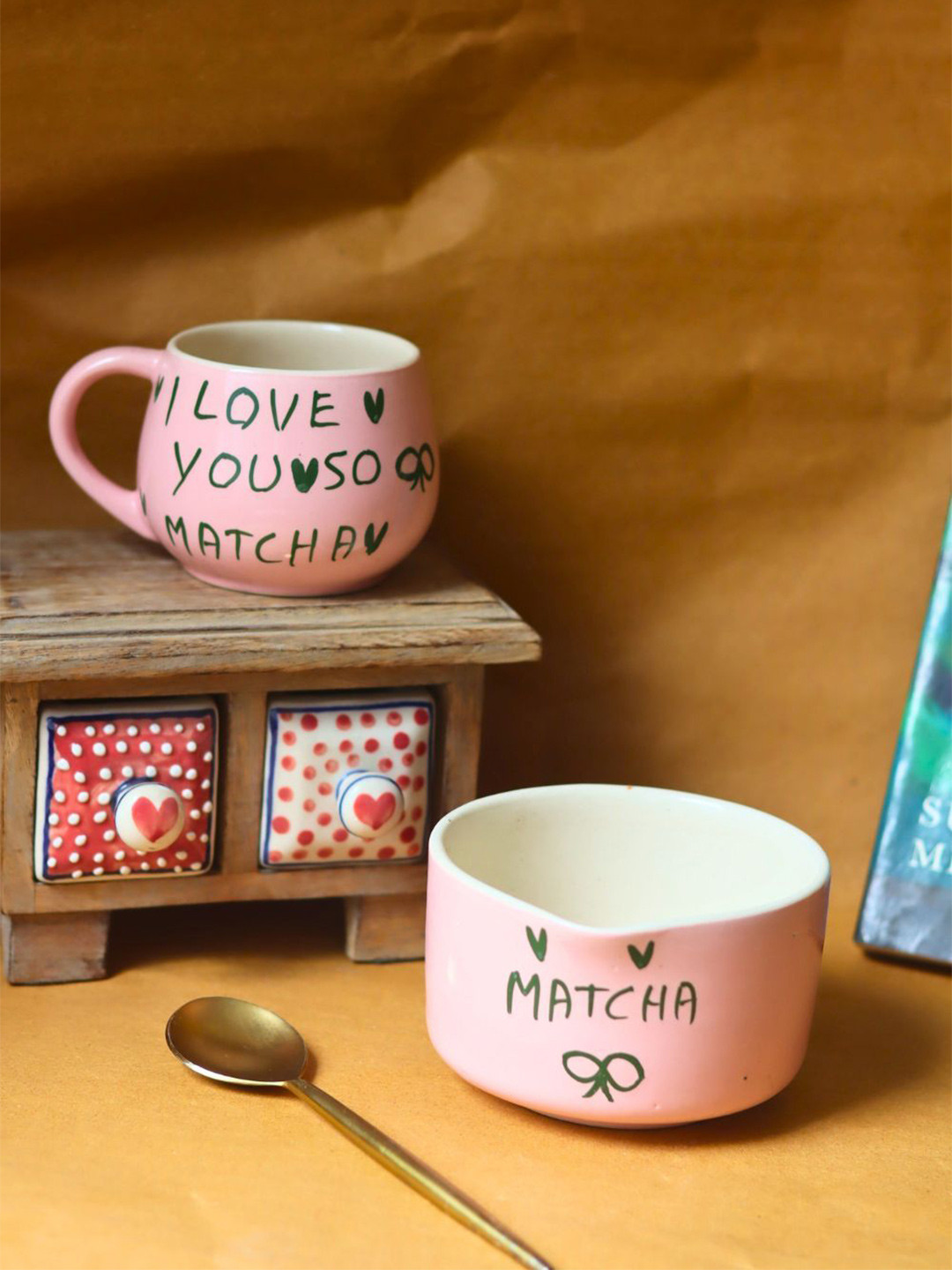 WEAVING HOMES Essential Pink & Black 2Pcs Typography Printed Ceramic Glossy Cups Set 400ml