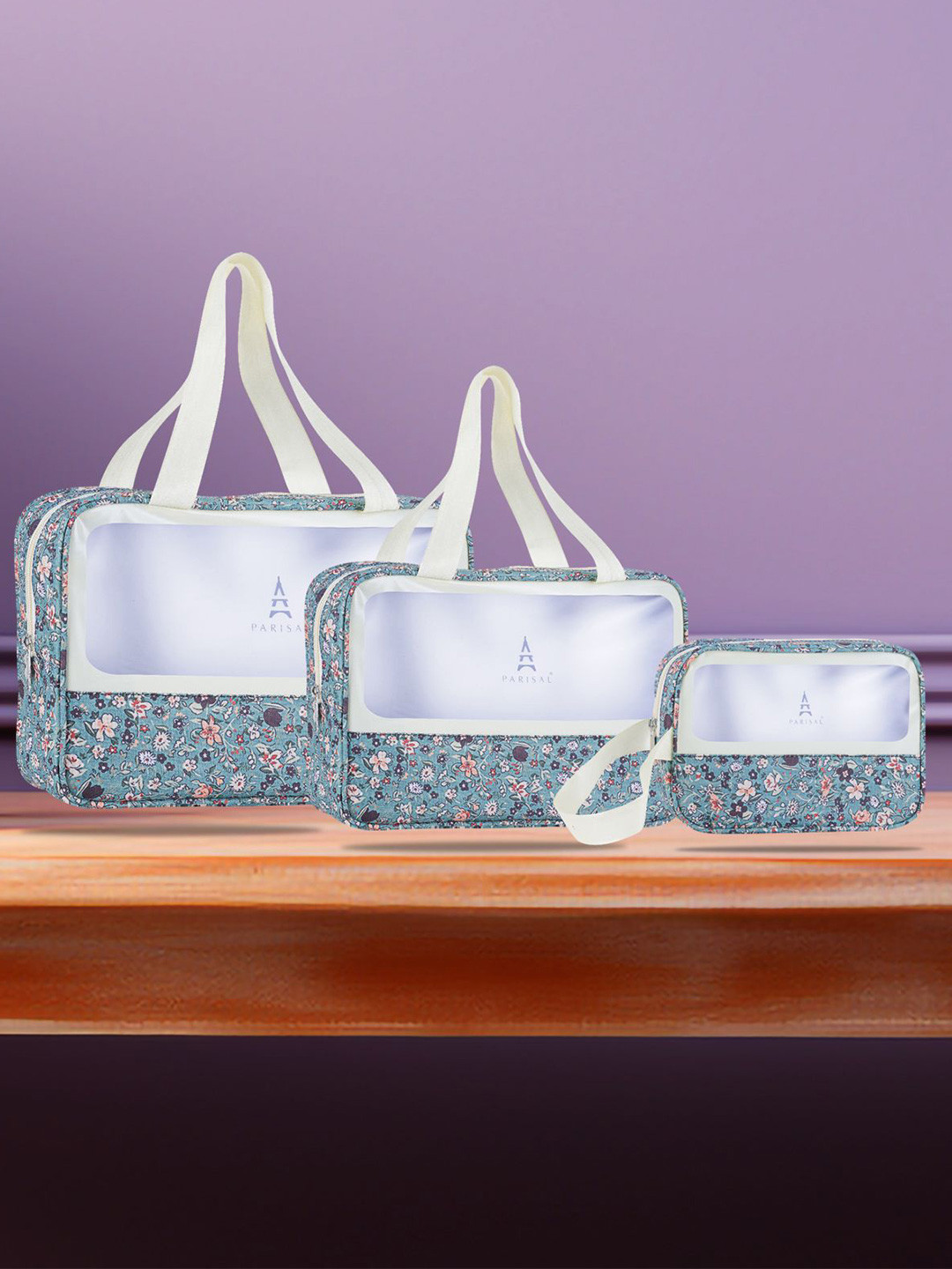 PARISAL Women Set Of 3 Floral Printed Transparent Travel Organizer Bags