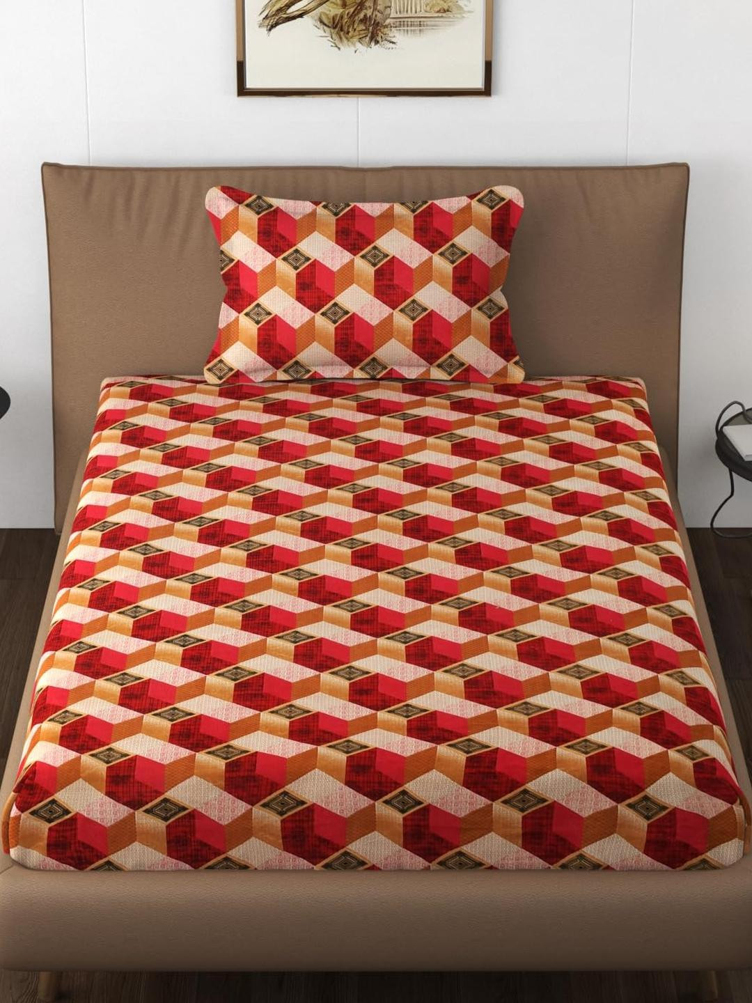 Lunar Days Red & Grey Geometric 160 TC Single Bedsheet with 1 Pillow Covers