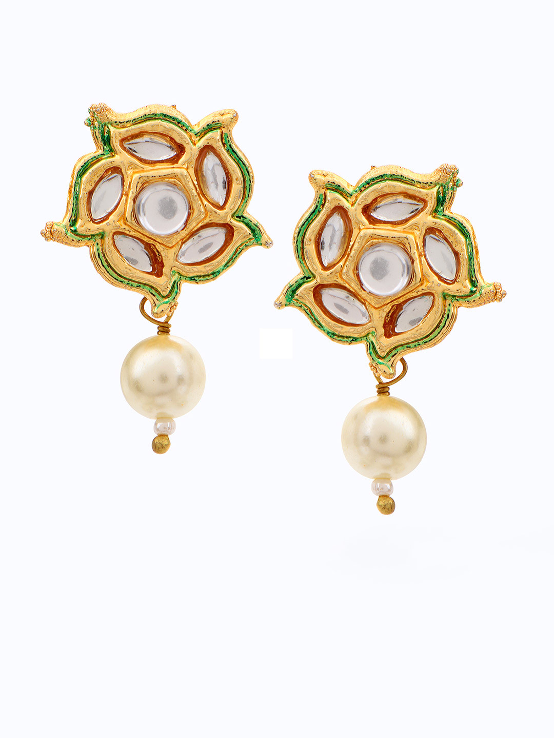 AARSEE OFFICIAL Gold-Plated Kundan Studded & Pearls Floral Shaped Drop Earrings