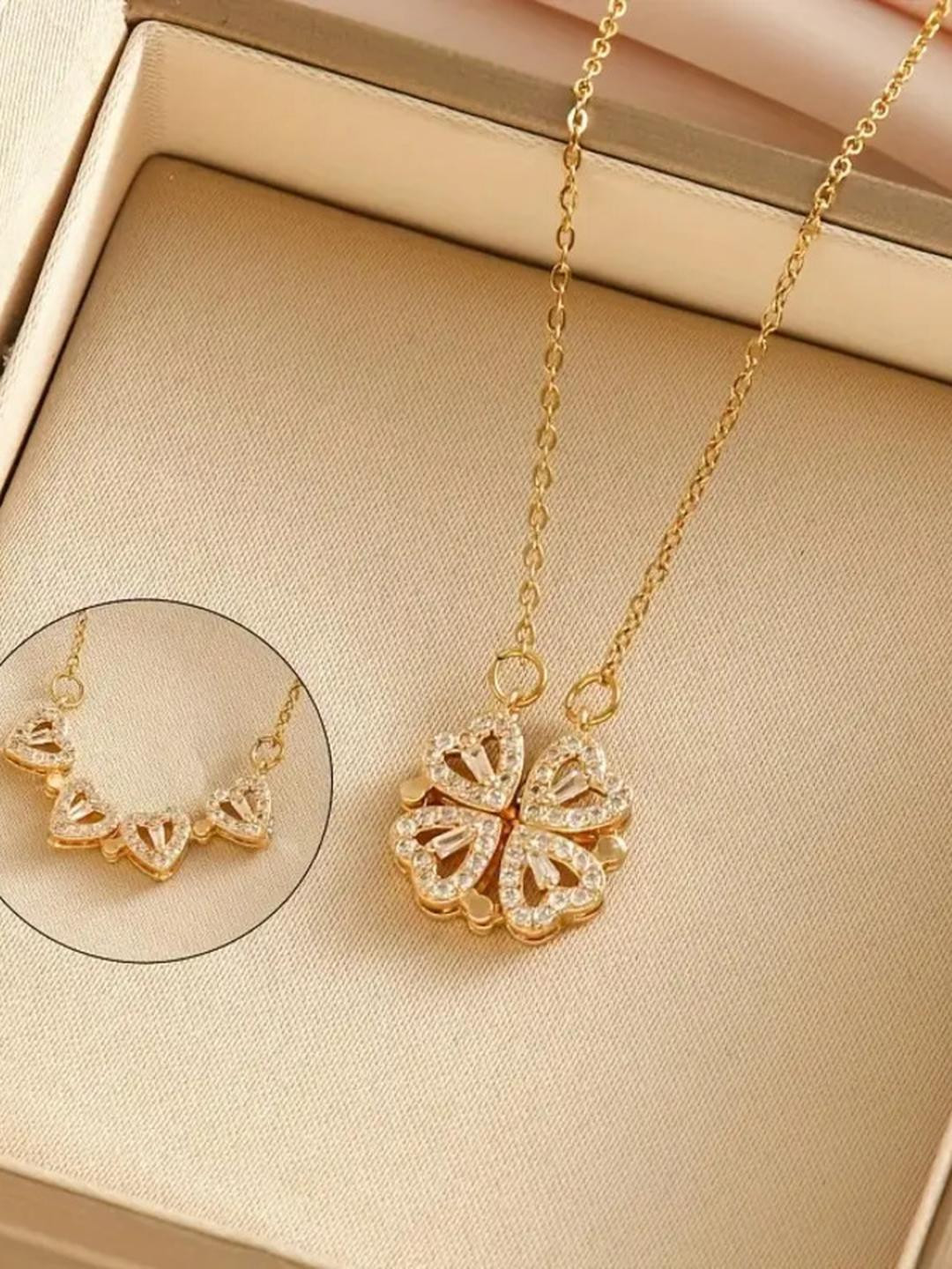DressBerry Women Gold-Plated Multi Wearing Clover Open Hearts Magnetic Pendant Necklace