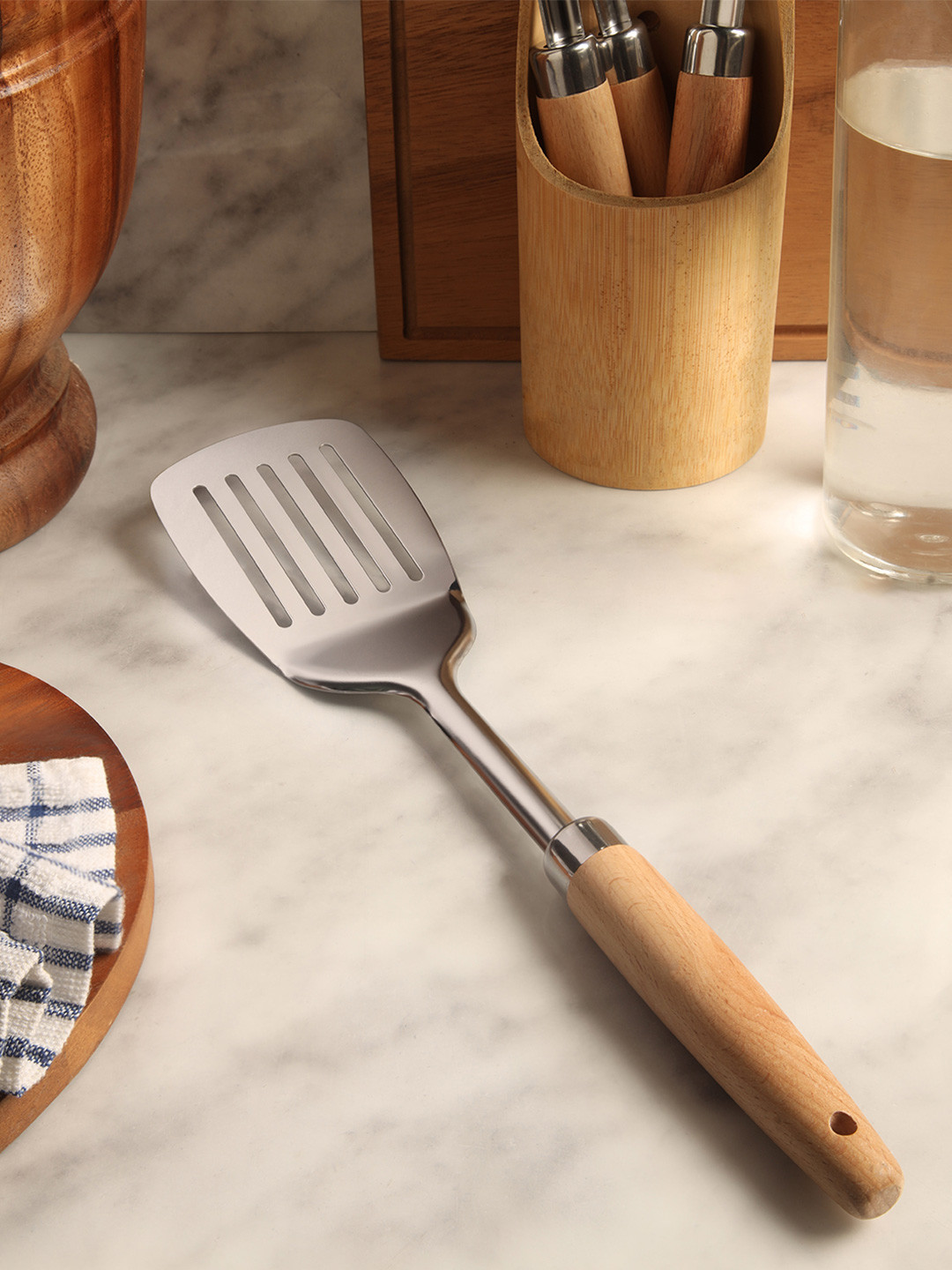 NATURALLY YOURS Brown & Grey 2 Pieces Stainless Steel & Wooden Slotted Turners With Handle