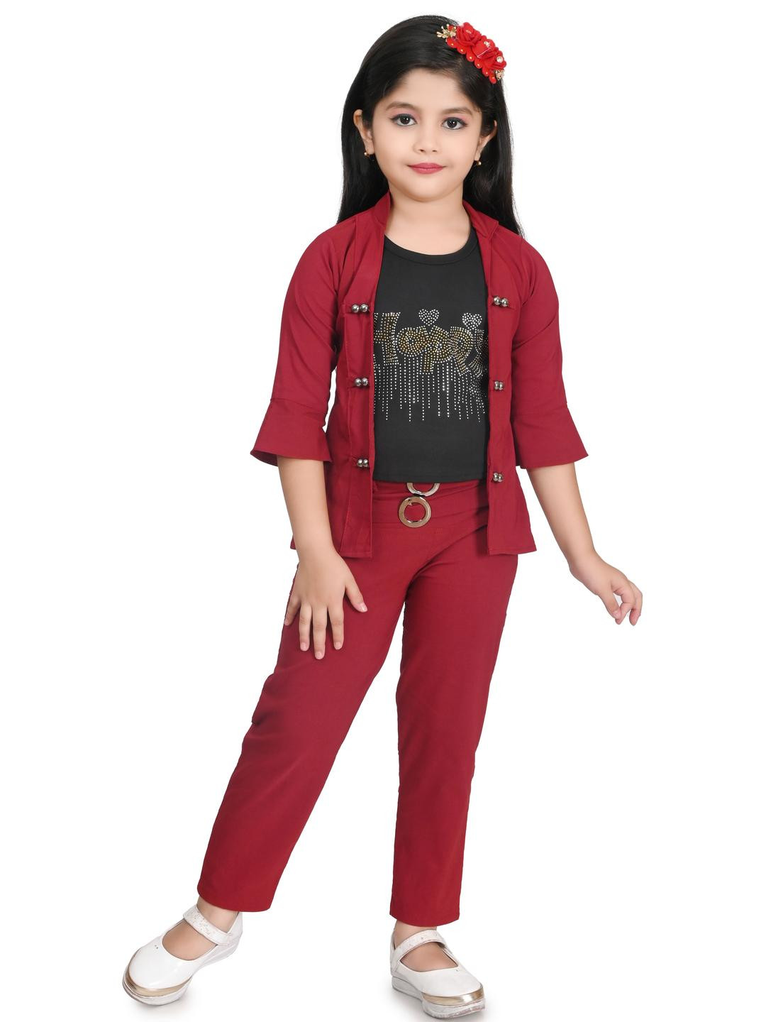 FARIHA FASHIONS Girl Maroon T-shirt Jacket & Trousers Clothing Set