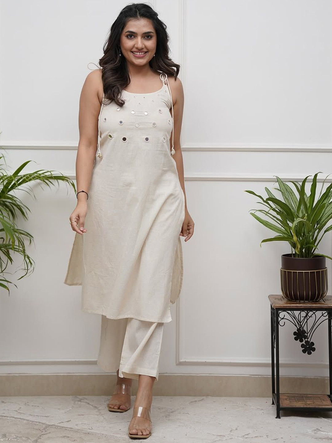 Art Avenue Round Neck Mirror Work Shoulder Straps Pure Cotton Straight Kurta With Trousers