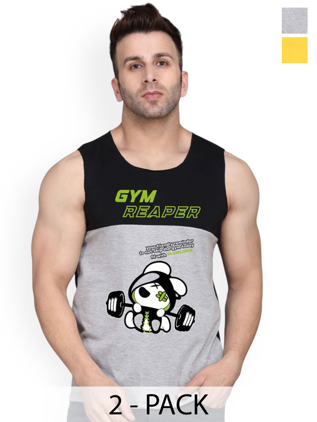 SLOWLORIS Men Pack of 2 Printed Gym Vests VSL26 CMB(GYM BLACKGREY)(NVR YELLOW)