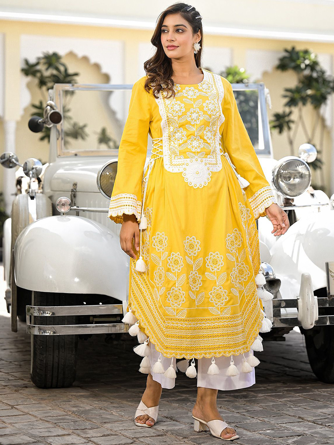 RUSTICWEAVE Floral Embroidered Thread Work Straight Kurta With Palazzos