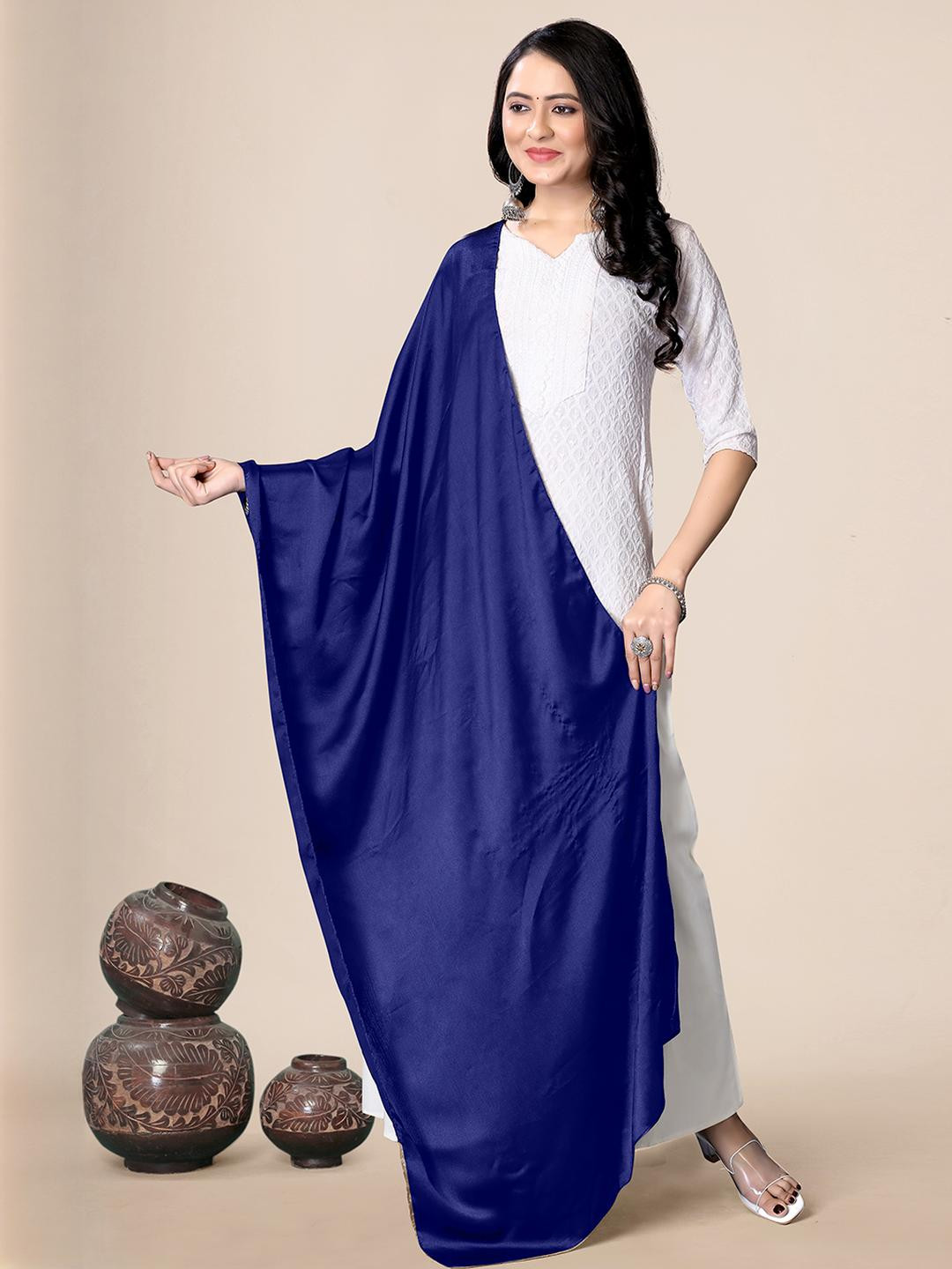 EBADAT Women Blue Solid Satin Finish Dupatta