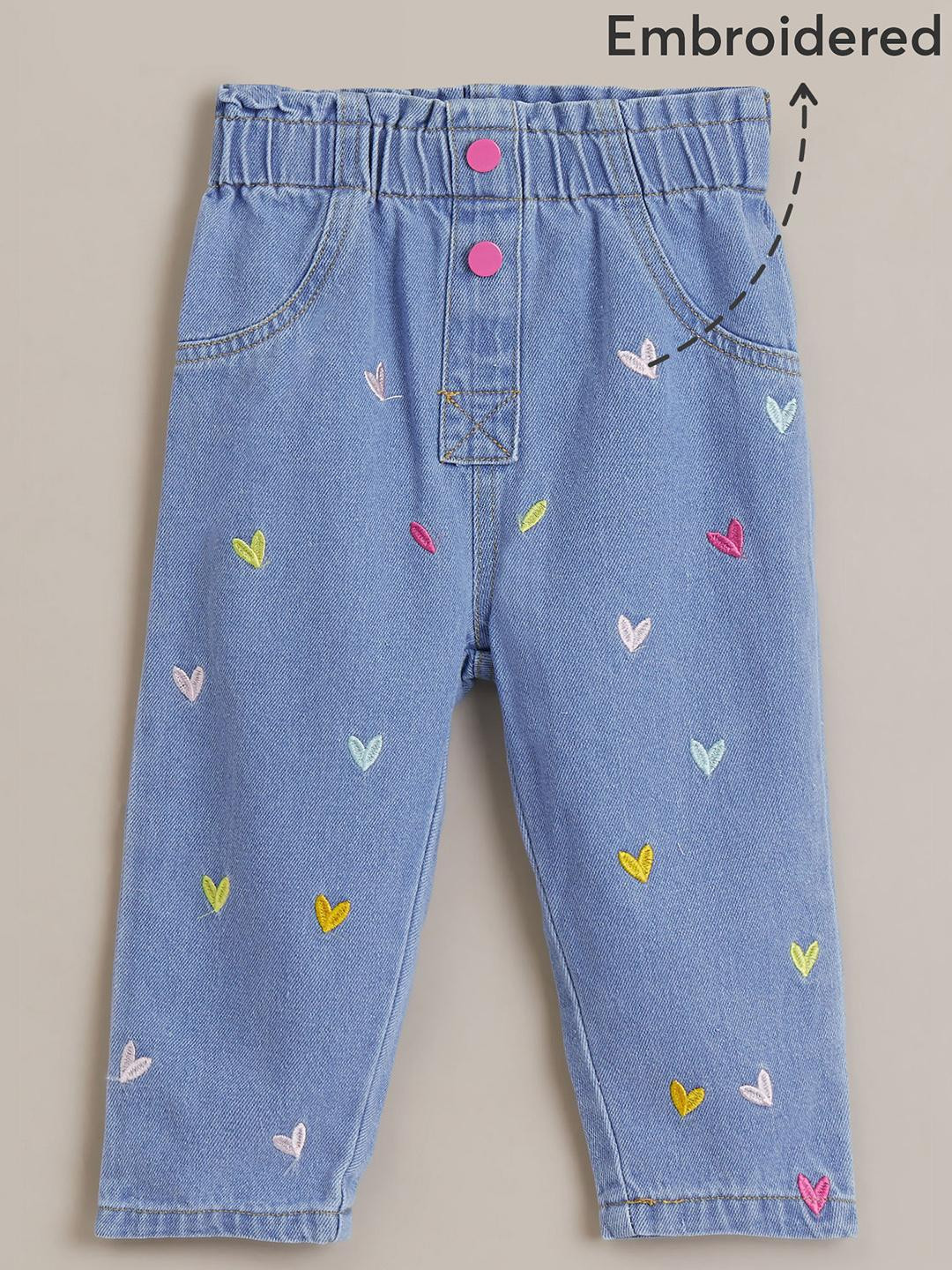 Hopscotch Girls Blue Mid-Rise Low Distress Light Fade Heart Embroidered Stretchable Jeans