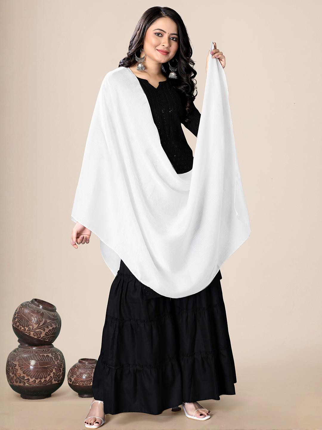 EBADAT Women White Cotton Solid Daily Wear Dupatta