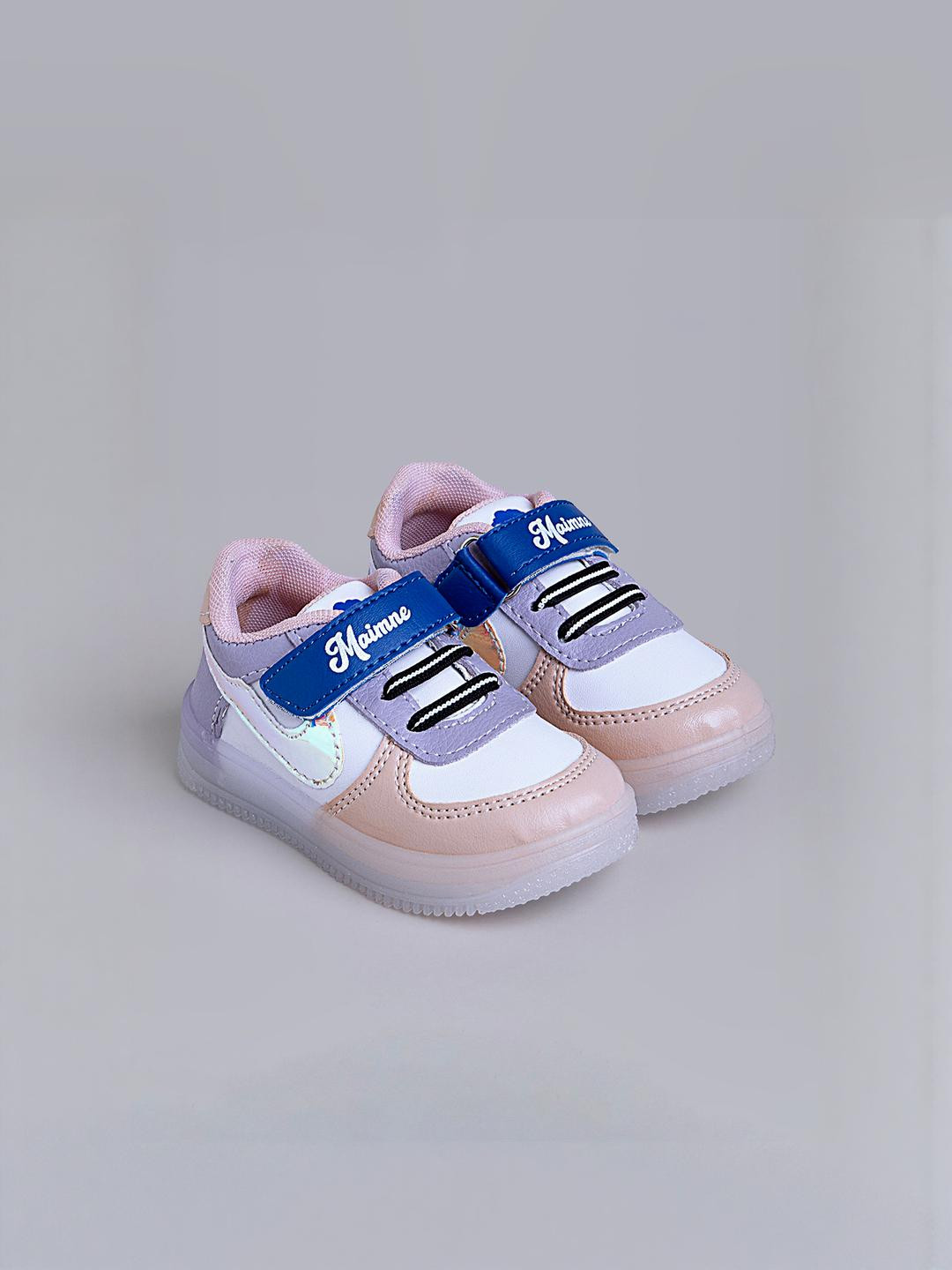 Hopscotch Girls White & Pink Colourblocked LED Velcro Round Toe PU Sneakers