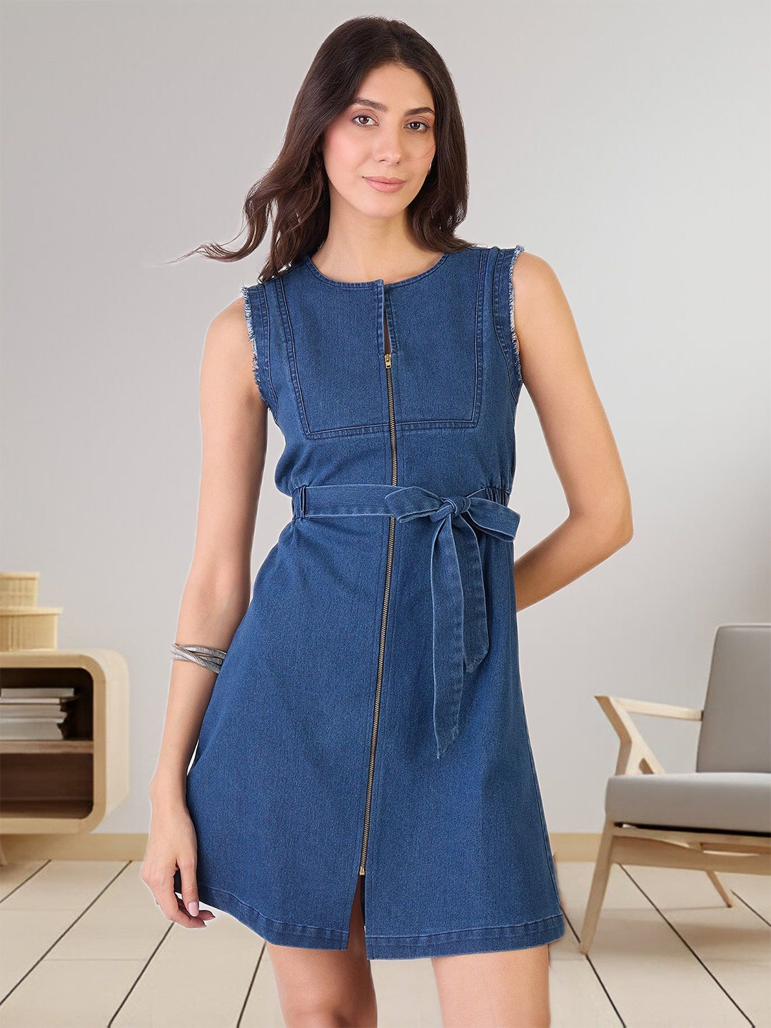 R.Code by The Roadster Life Co. Women Belted Front Zipper Denim A-Line Dress