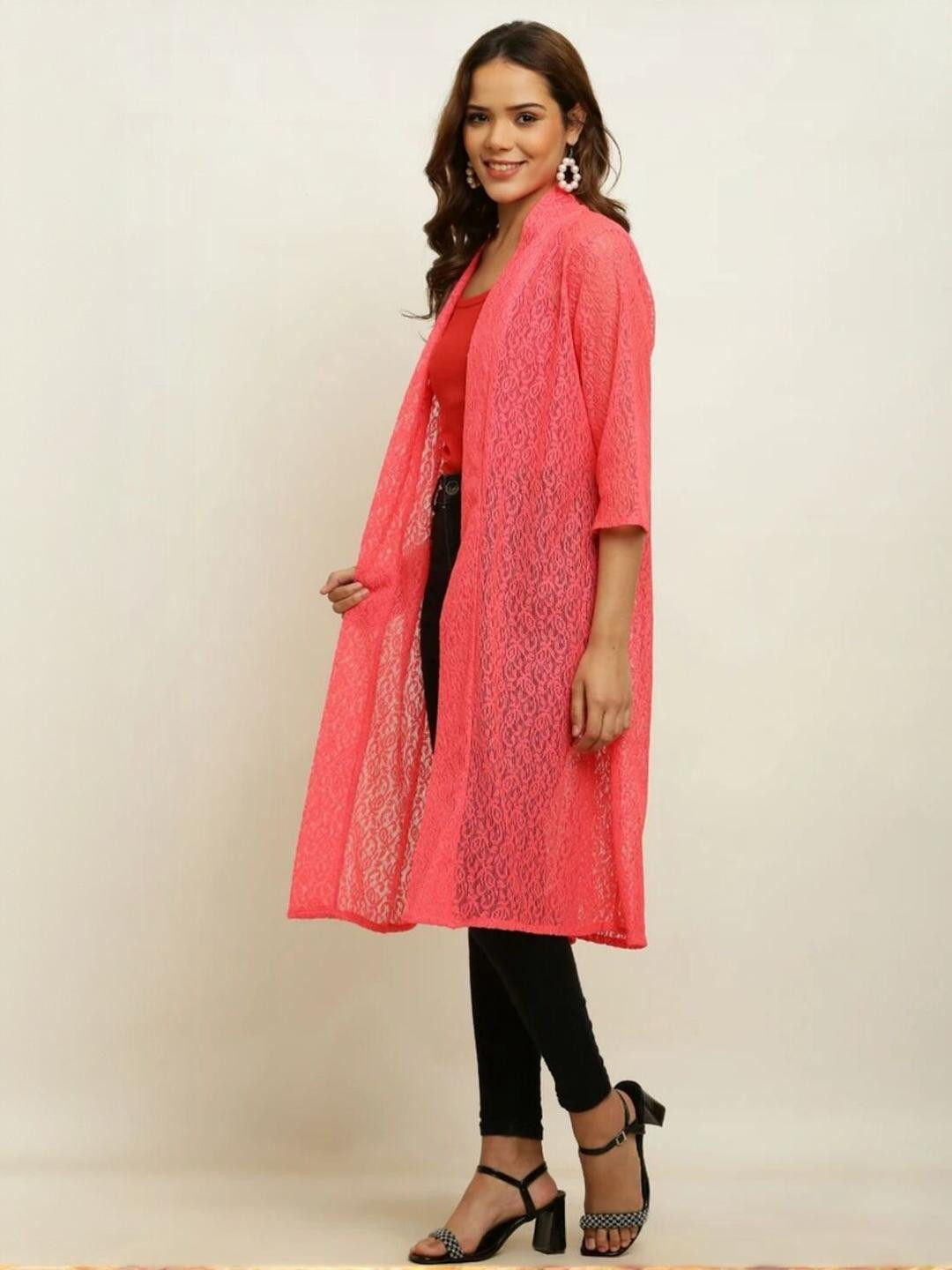 TRIRAJ Women Orange Self Design Shrug