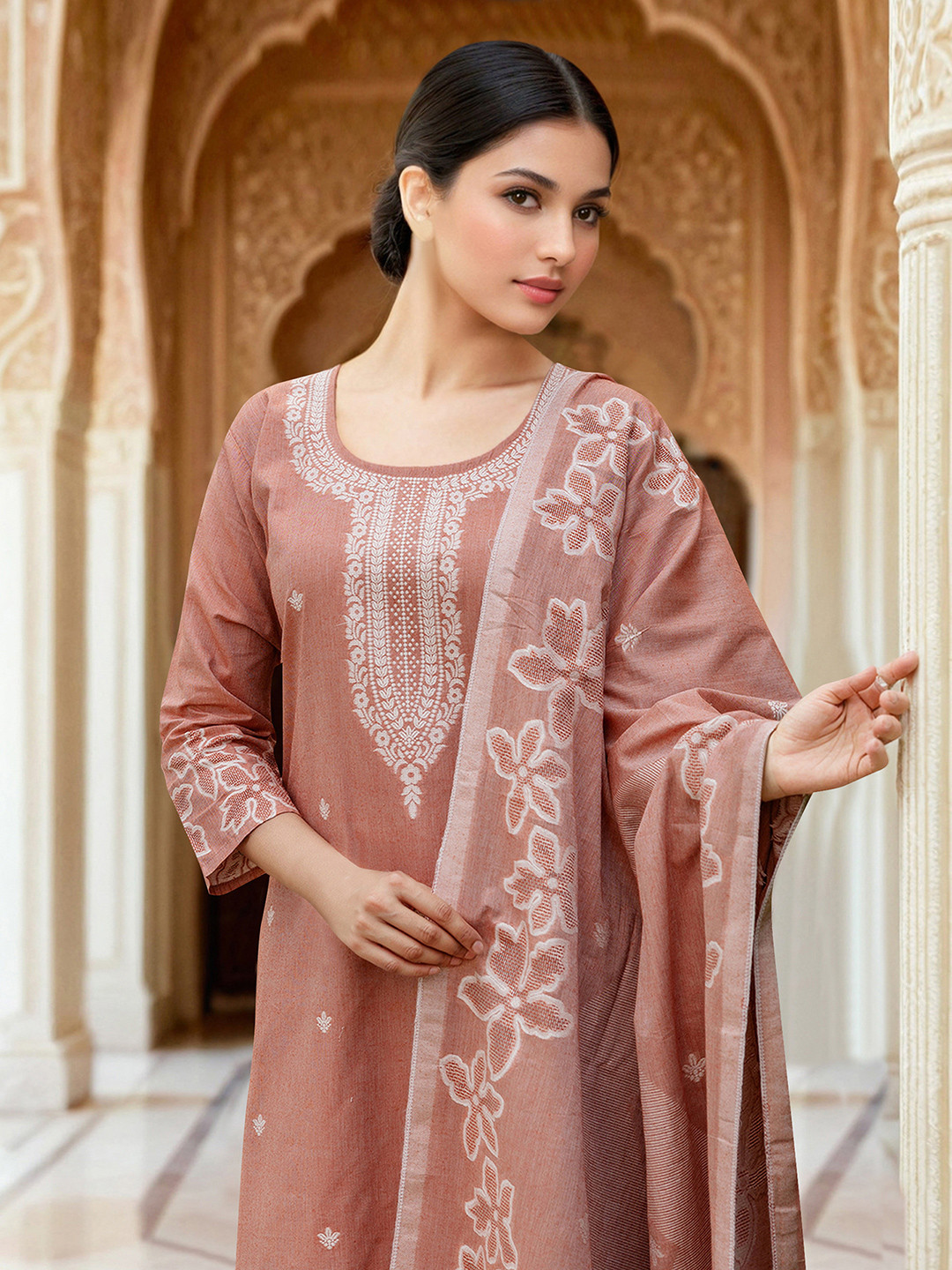 Skylee Pop Floral Embroidered Thread Work Straight Kurta With Trousers & Dupatta