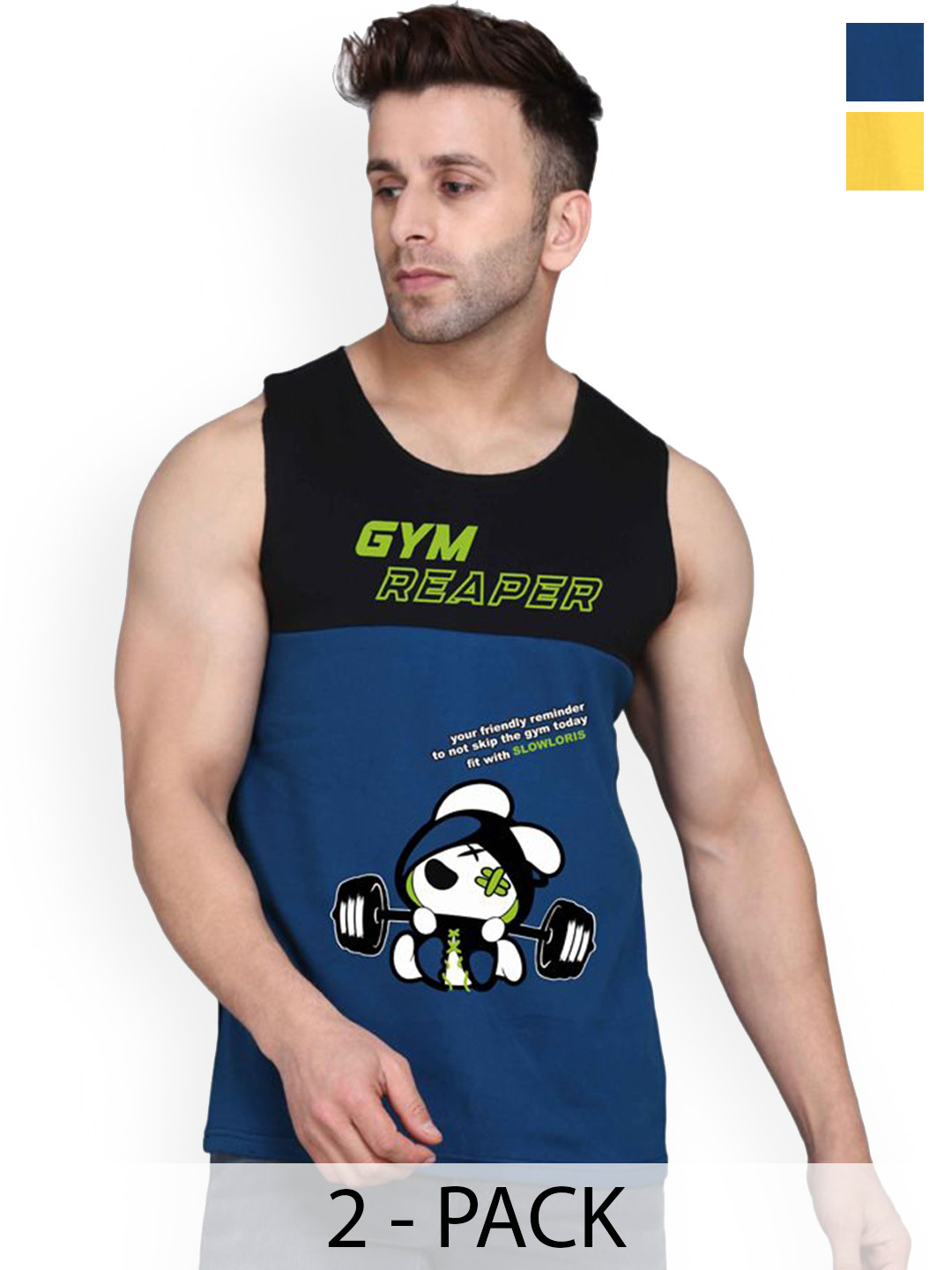 SLOWLORIS Men Pack of 2 Printed Gym Vests VSL26 CMB(GYM BLKPEACOCK)(KEEP YELLOW)