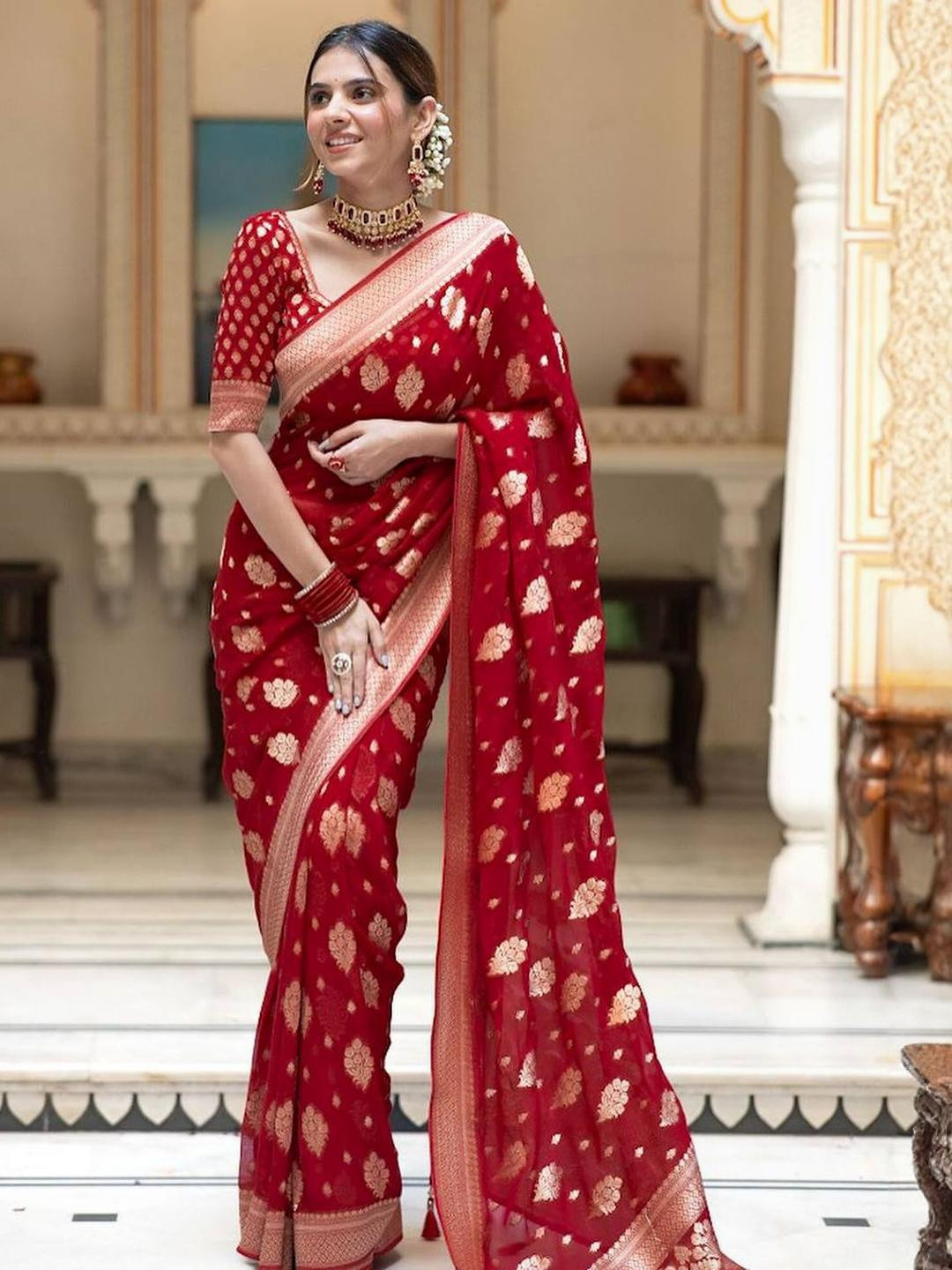 Sita Red Silk Blend Woven Design Sarees