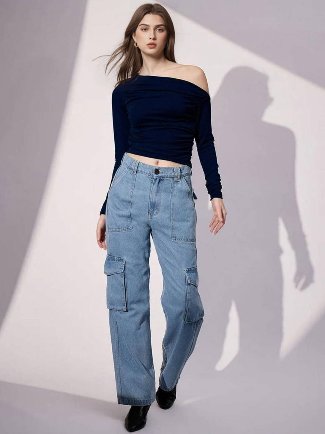 Istyle Can Women One Shoulder Long Sleeves Pleated Bardot Crop Top