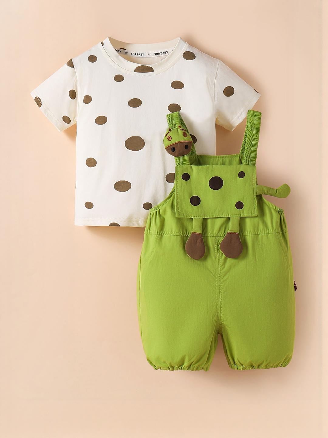 Hopscotch Boys Beige & Green Dotty Bear T-shirt & Overall Set