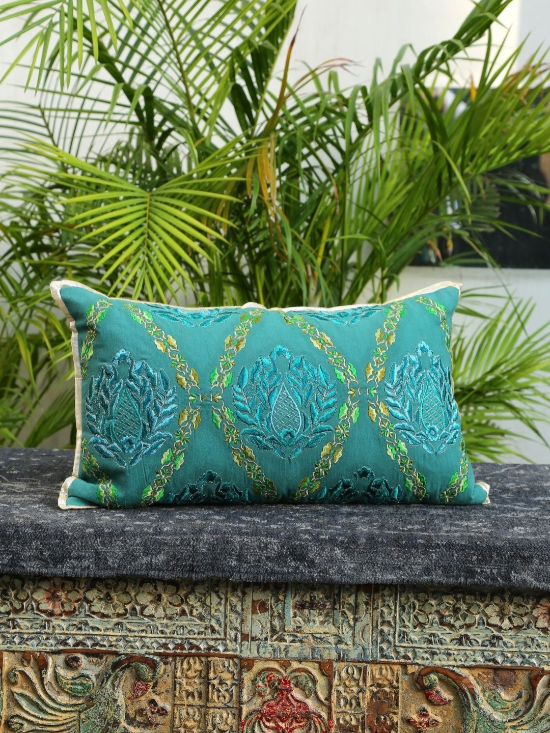 Revive Home Teal & Green Ethnic Motifs Embroidered Rectangle Cushion Cover