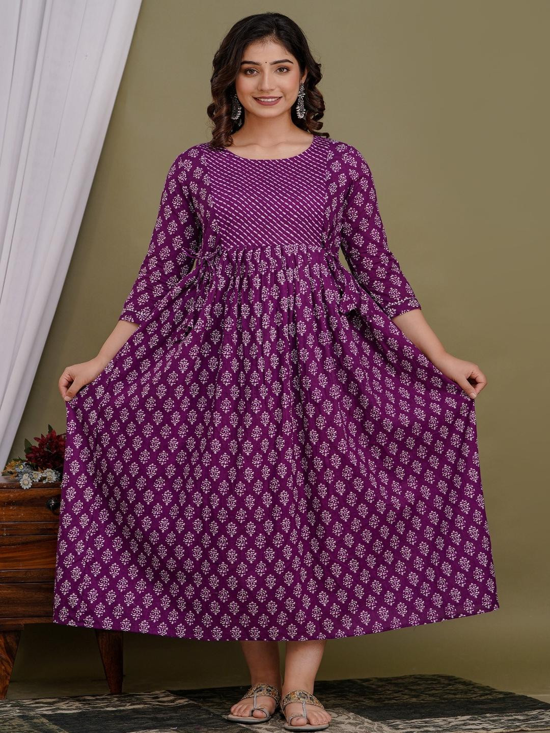 Style Heaven Women Purple Pure Cotton Printed A Line Feeding Kurti