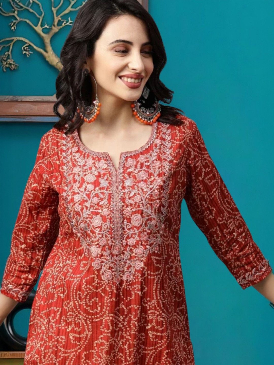 Nibhao Women Floral Printed Bandhani Daily Straight Kurta