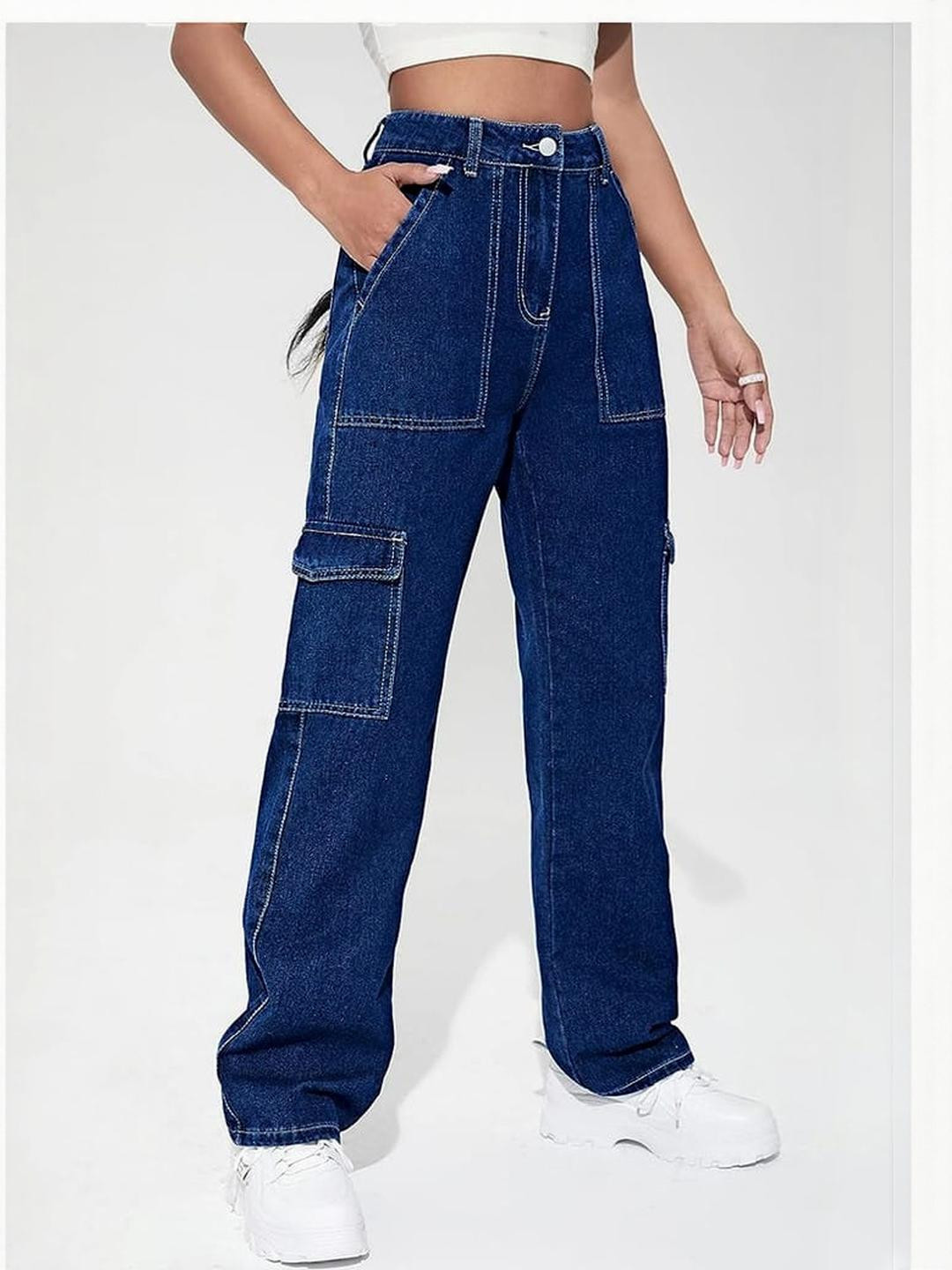 DressBerry Women Dark Blue Solid High-Rise Wide Leg Cargo Jeans