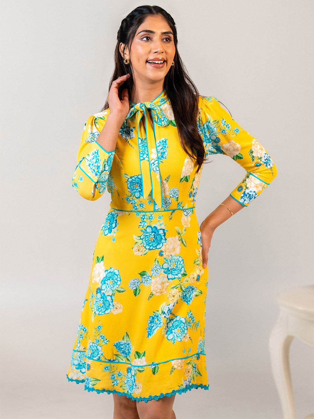 PRETTY PIXIE Floral Print Tie-Up Neck Puff Sleeve A-Line Dress