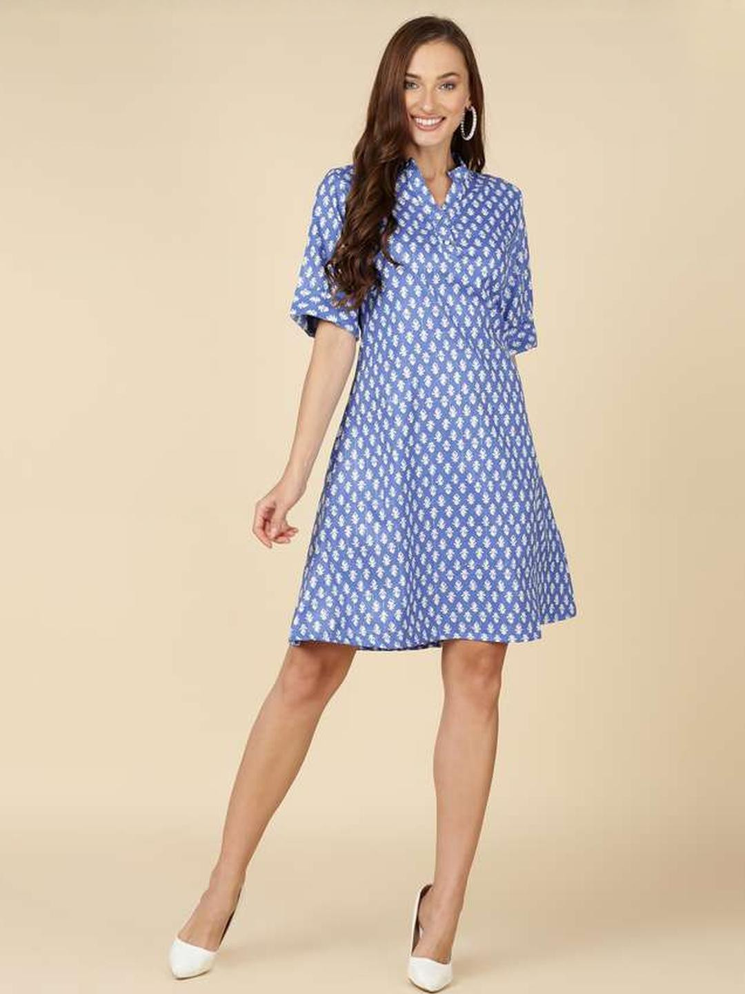 MJ LIFE STYLE Women Blue Floral Print Mandarin Collar A-Line Dress