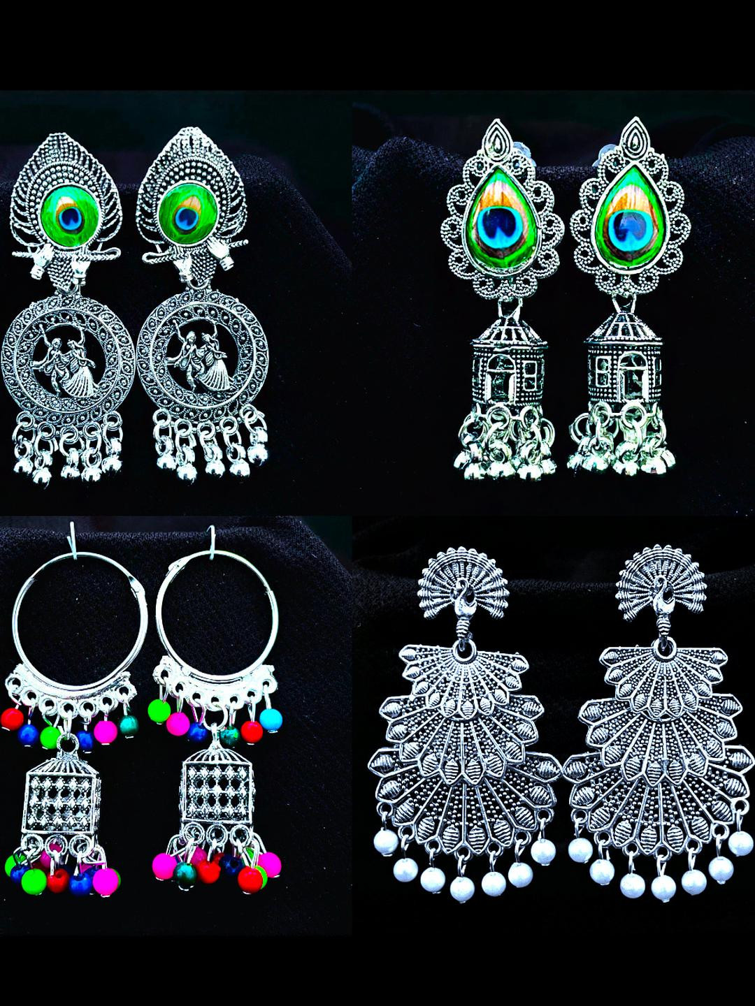 ANNORA INTERNATIONAL Pair of 4 Silver Oxidised Jhumka Earrings