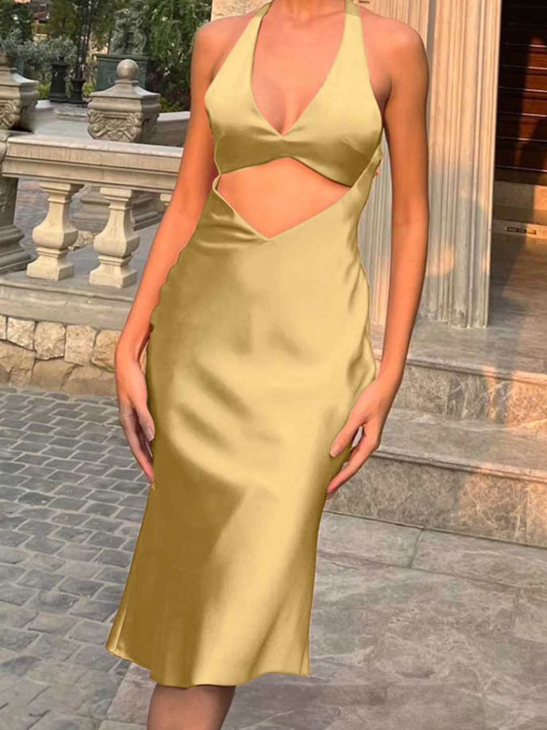 LULU & SKY Women Halter Neck Criss-cross Back Satin Sheath Midi Dress