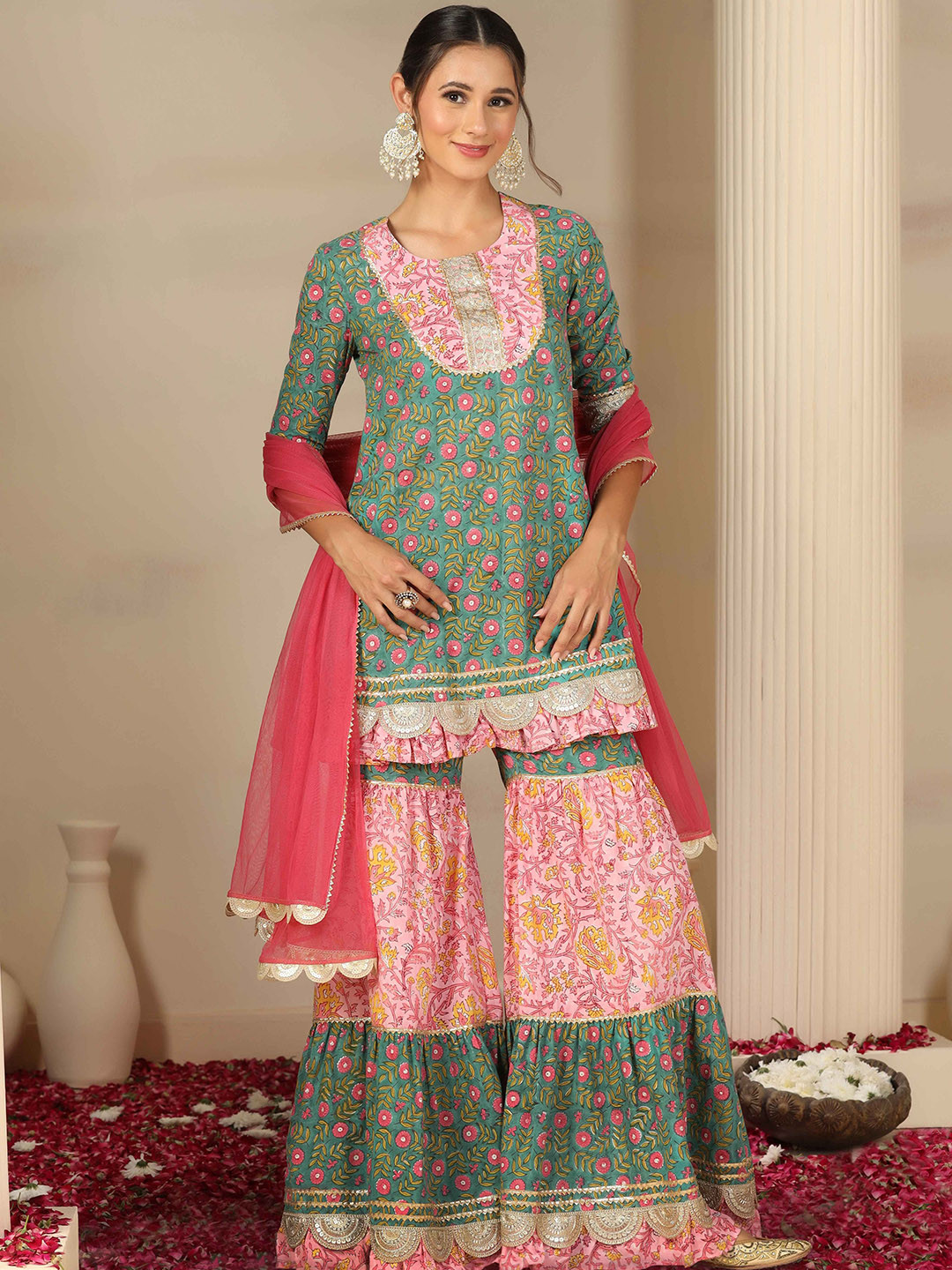 FLY STITCH Women Floral Printed Cotton A-Line Kurta with Sharara & Dupatta