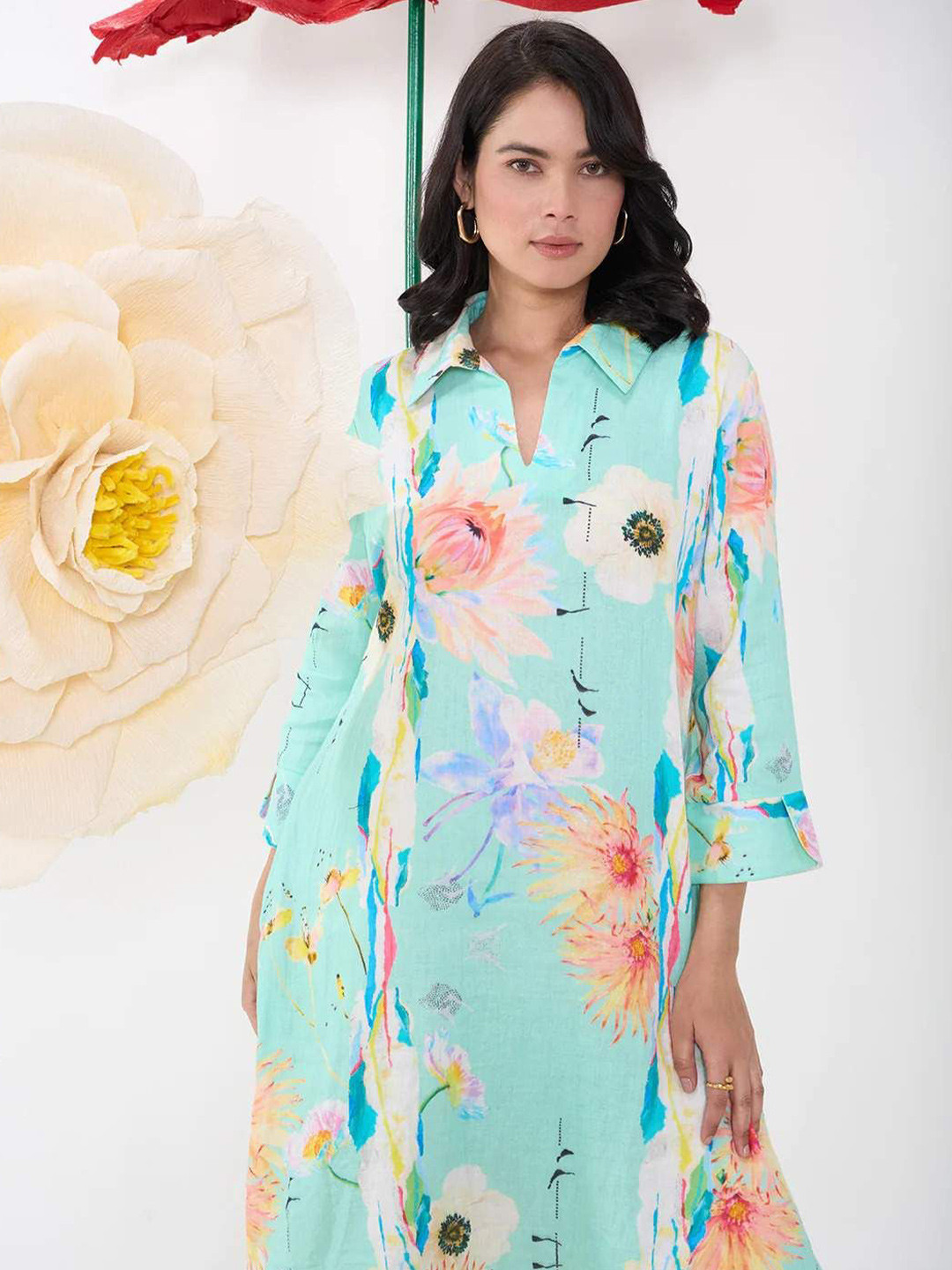CHIQUE Floral Print Shirt Style Longline Top